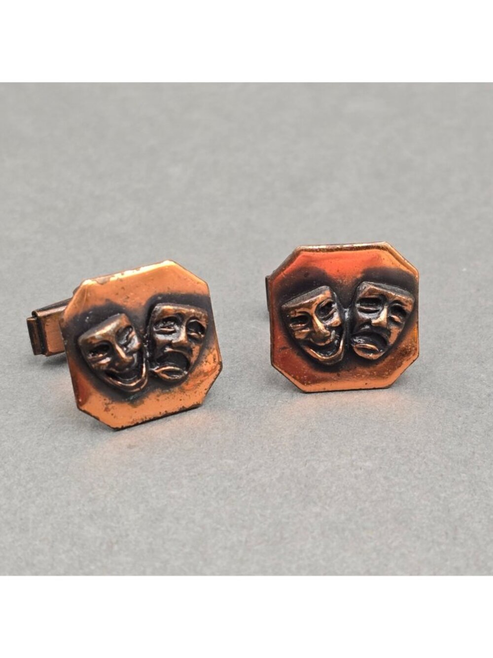 Vintage Copper Theater Comedy Tragedy Mask Jewelry Set Necklace Cufflinks Drama - Picture 8 of 15